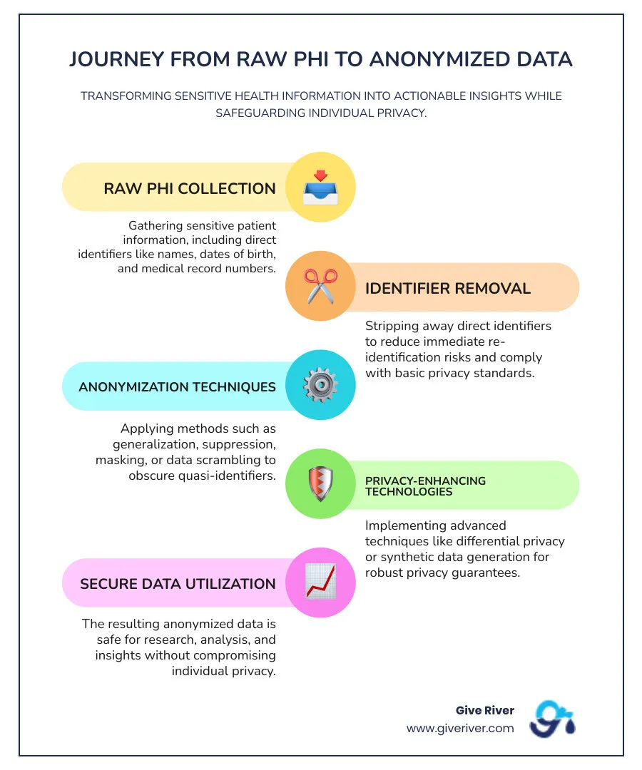Infographic showing the journey from raw health data to anonymized data - anonymized health data infographic infographic-line-5-steps-colors