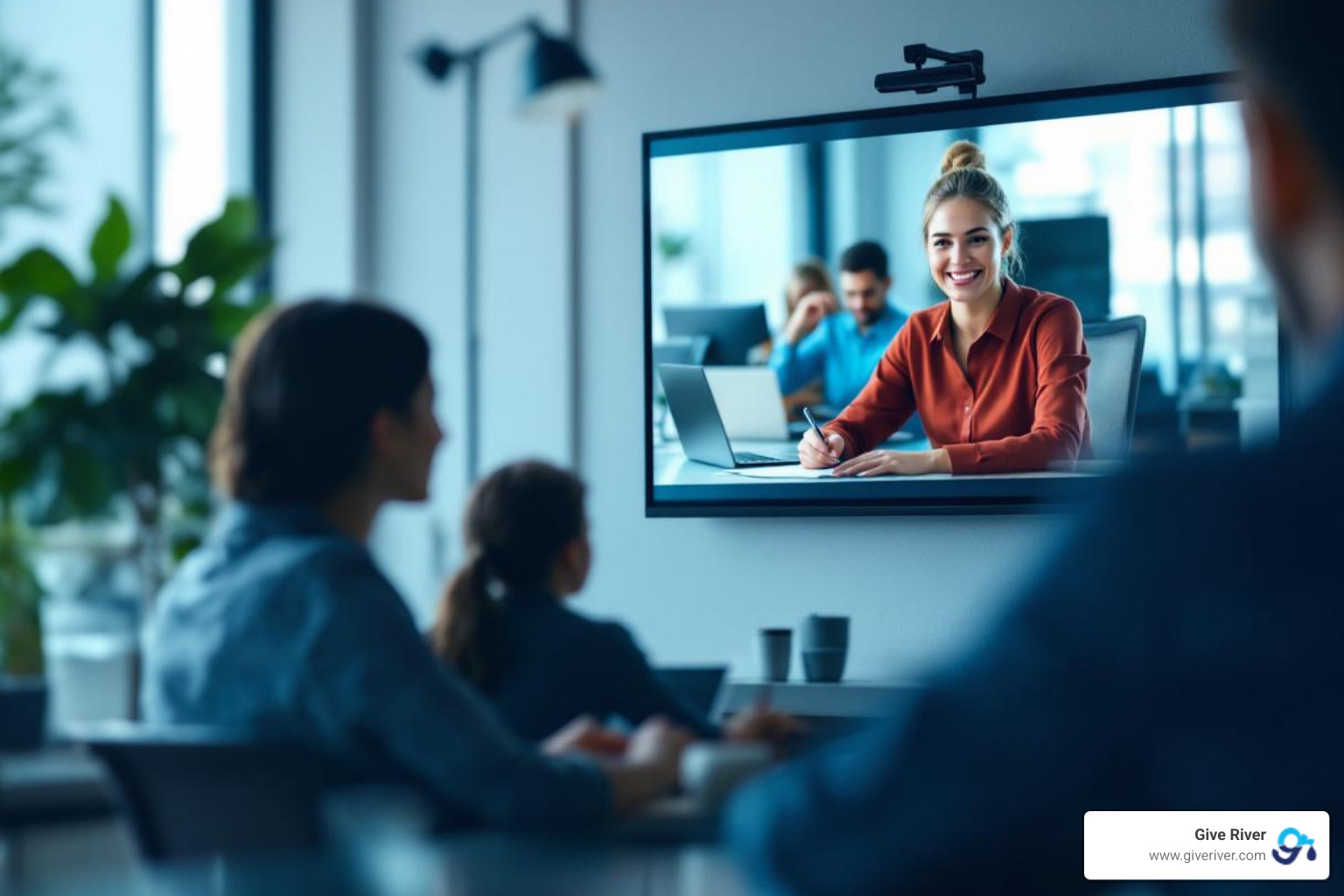 employees on a video call, one screen showing a tutoring session with a student - volunteer opportunities for businesses