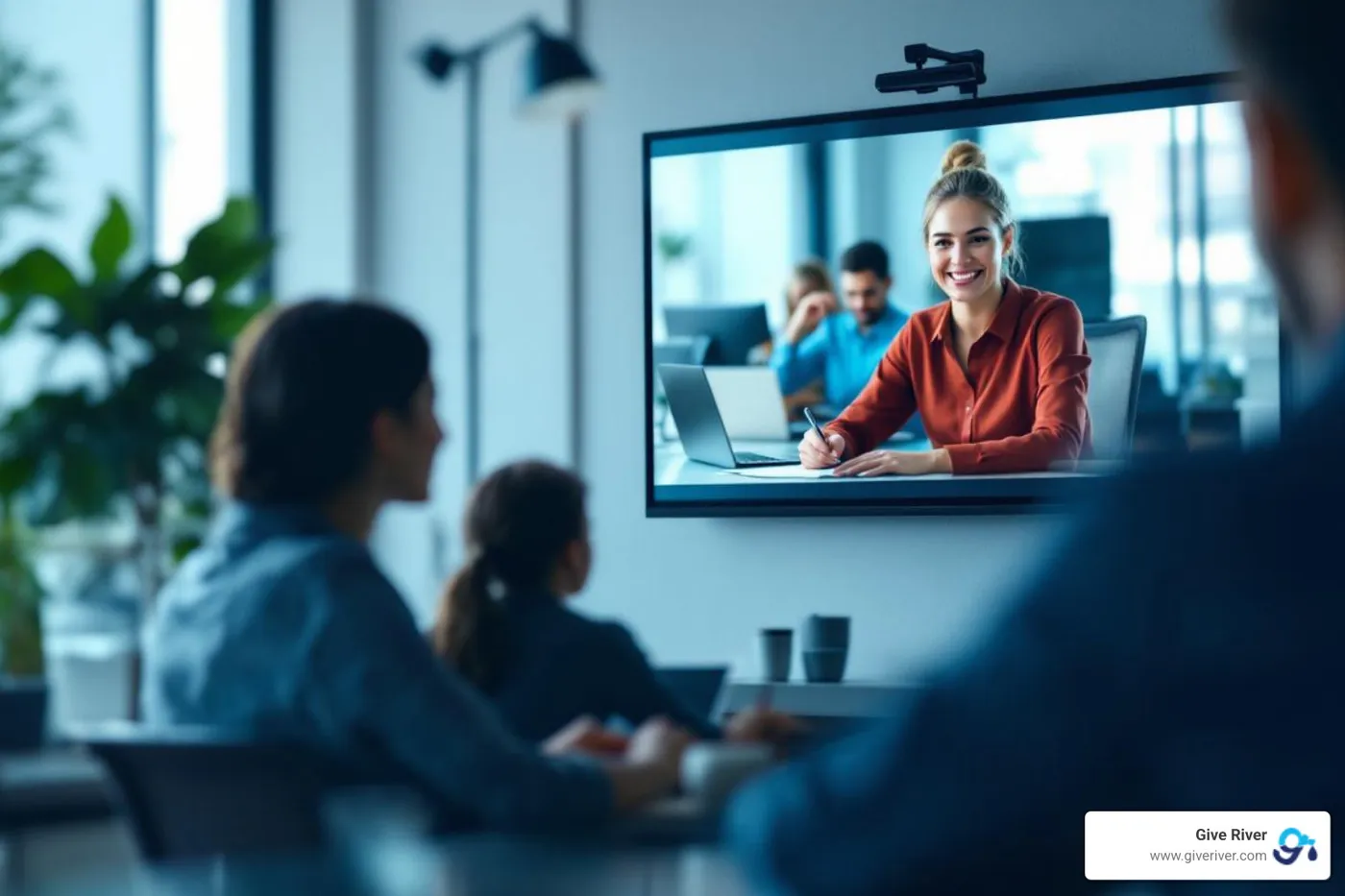 employees on a video call, one screen showing a tutoring session with a student - volunteer opportunities for businesses