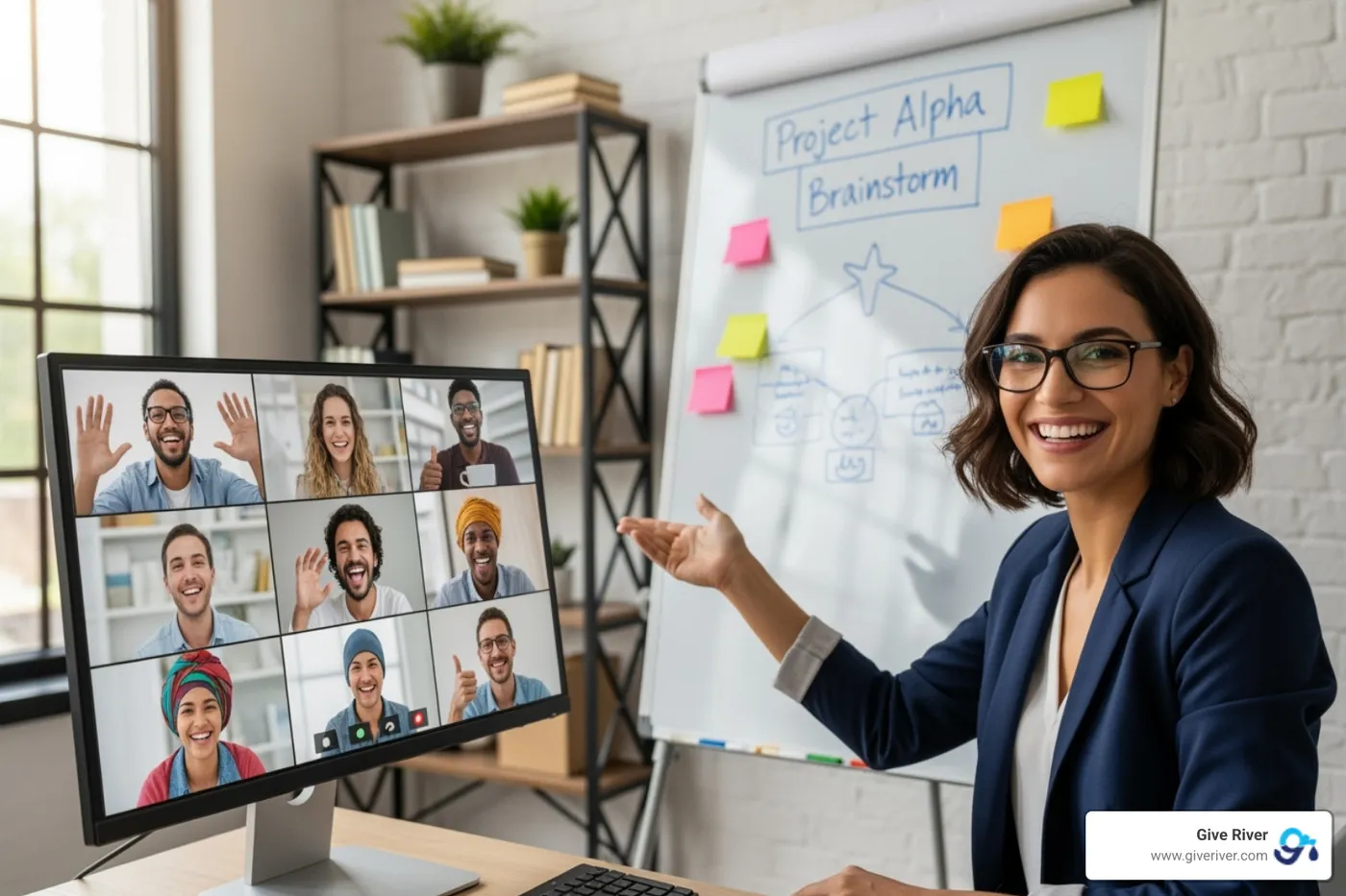 An image of a cheerful manager leading a virtual team meeting, with team members actively engaged and laughing on their screens. The manager is pointing to a whiteboard with "Team Fun Day" written on it. - fun games to play with work team online