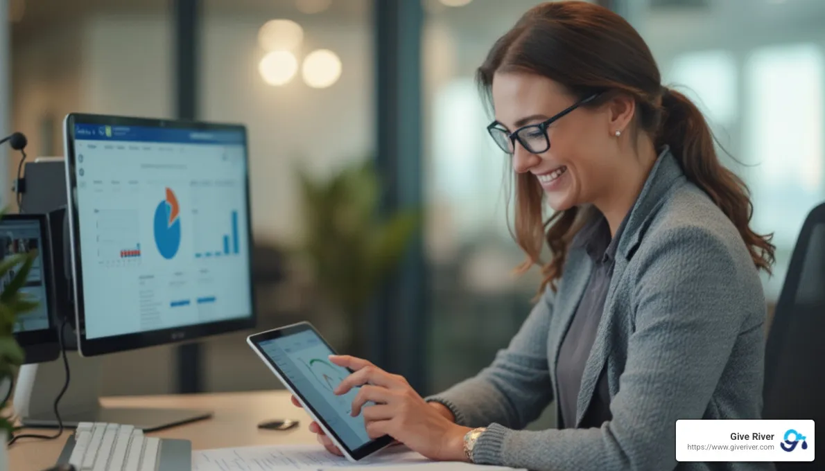 HR manager evaluating employee recognition software on tablet - top employee recognition solution