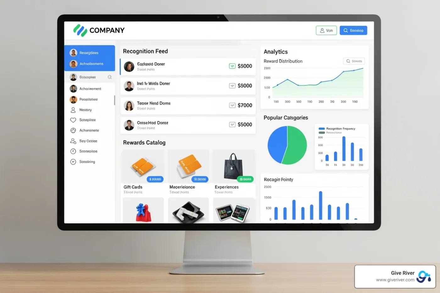 A workplace rewards platform dashboard showing custom branding and configurable options, with various modules like recognition feed, rewards catalog, and analytics, all branded with a hypothetical company's logo and colors - workplace rewards platform