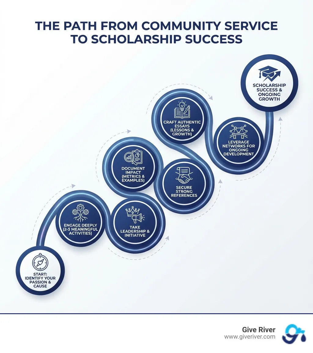 Infographic showing the path from community service to scholarship success: Start with identifying your passion and cause, engage deeply in 2-3 meaningful activities rather than many surface-level ones, take on leadership roles and initiative, document your impact with specific examples and metrics, secure references who can speak to your character and commitment, craft authentic essays that showcase lessons learned and personal growth, apply to scholarships that align with your values and experience, and leverage scholarship networks for ongoing development - community involvement scholarships infographic 