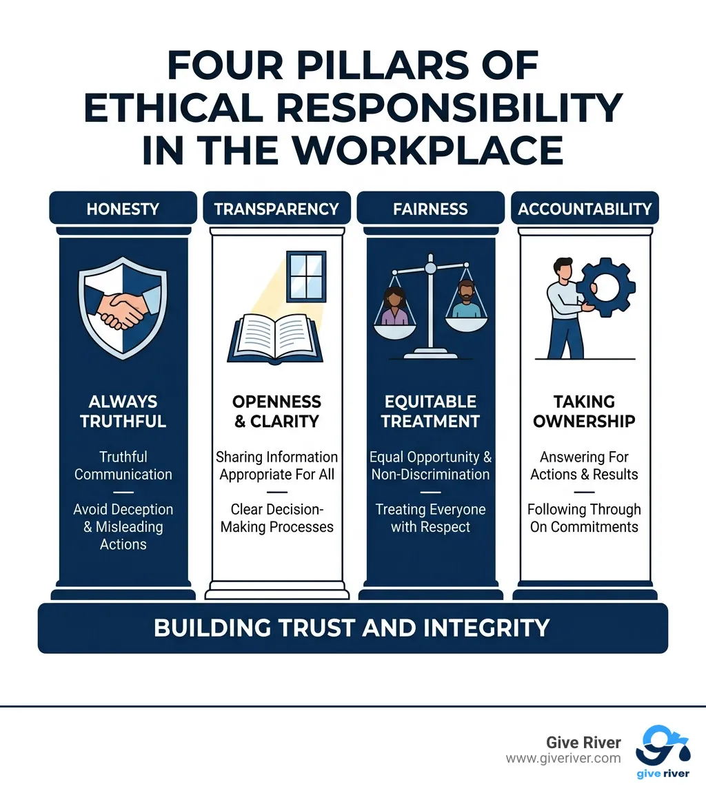 four pillars of ethical responsibility: honesty, transparency, fairness, accountability with workplace context - ethical