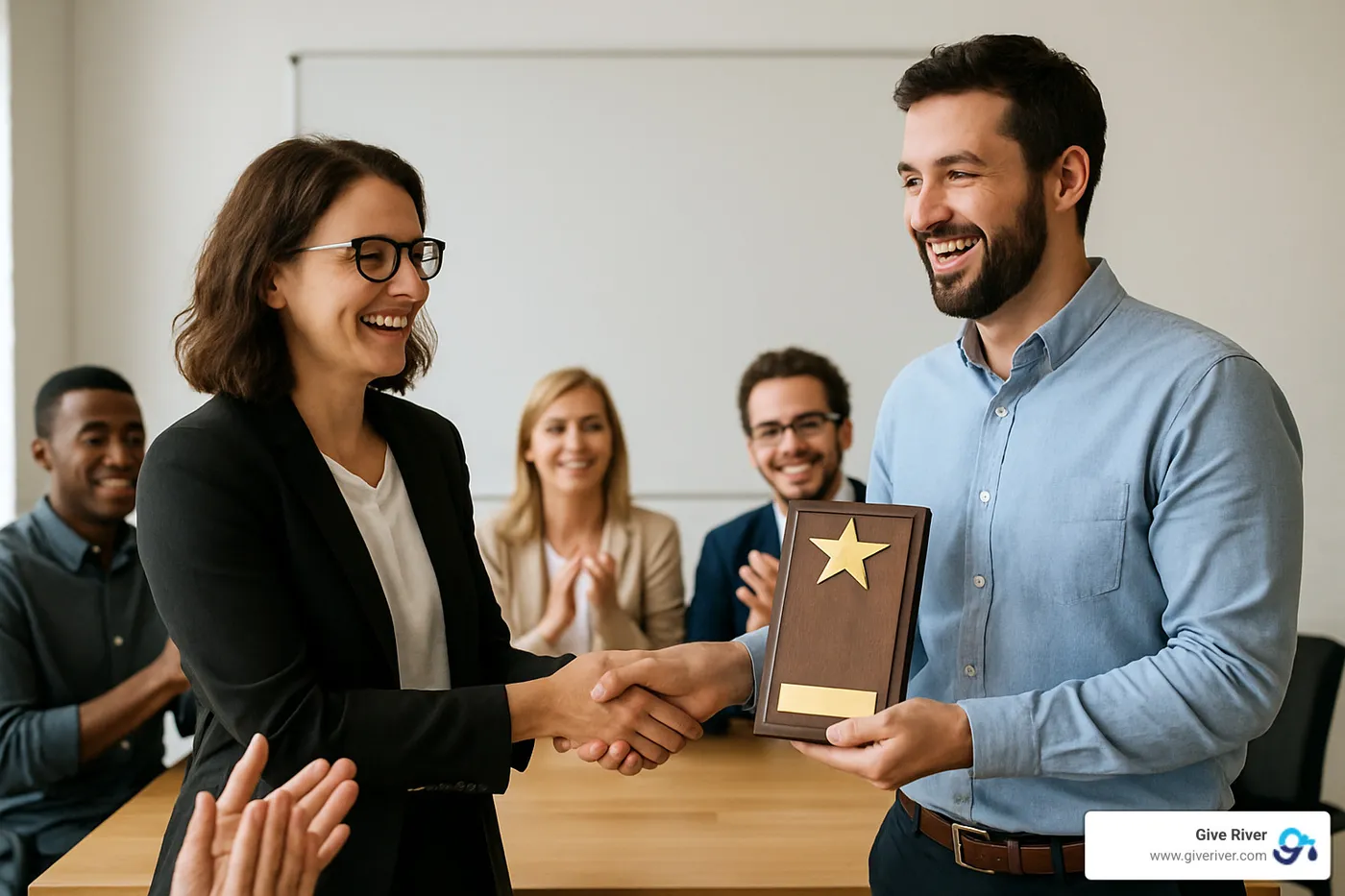 employee receiving award during team meeting with colleagues applauding - purpose driven workplace