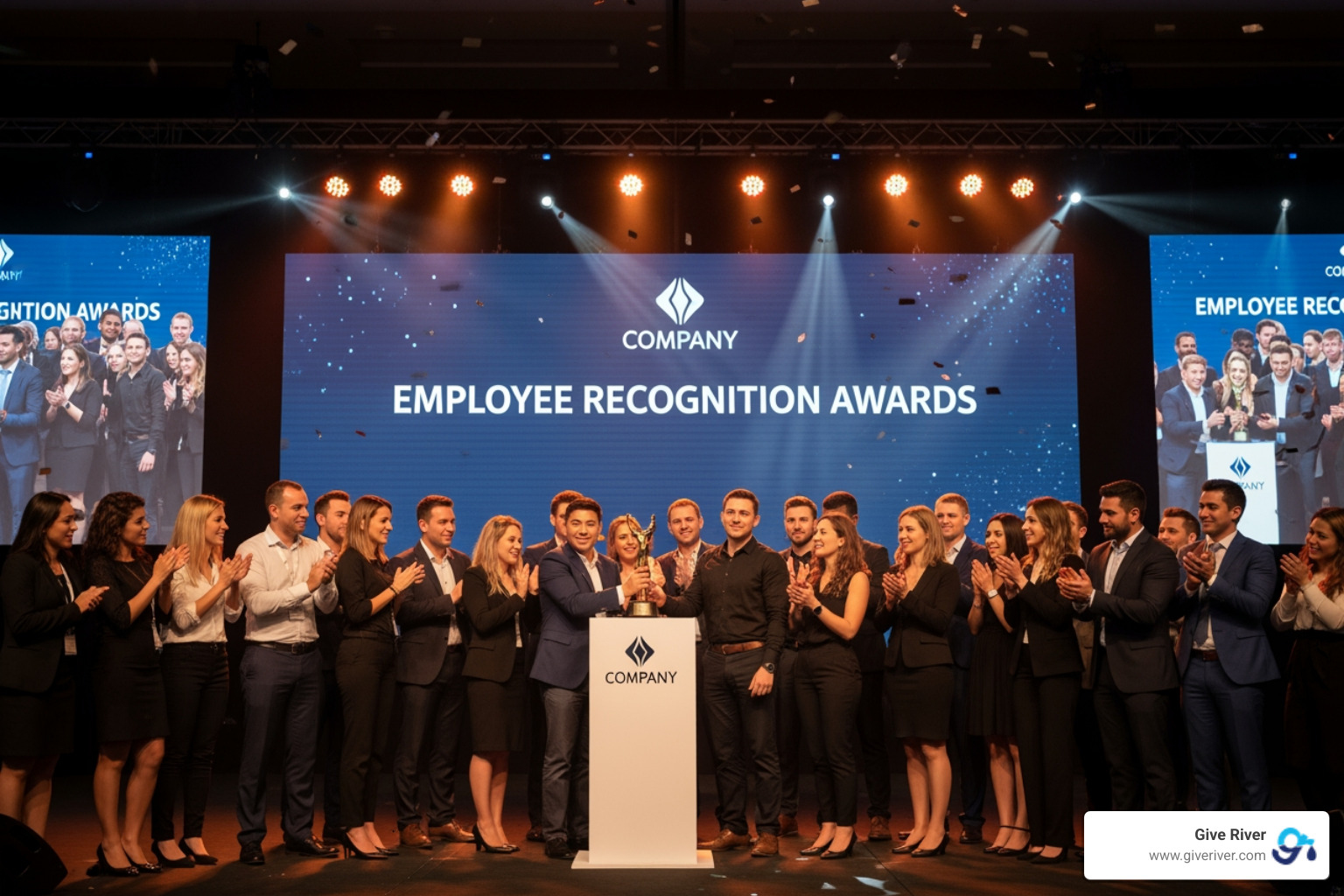 recognition platform dashboard on a laptop screen showing a social feed of praise - employee recognition and awards