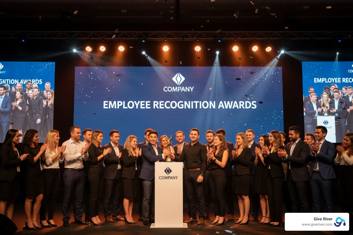 recognition platform dashboard on a laptop screen showing a social feed of praise - employee recognition and awards