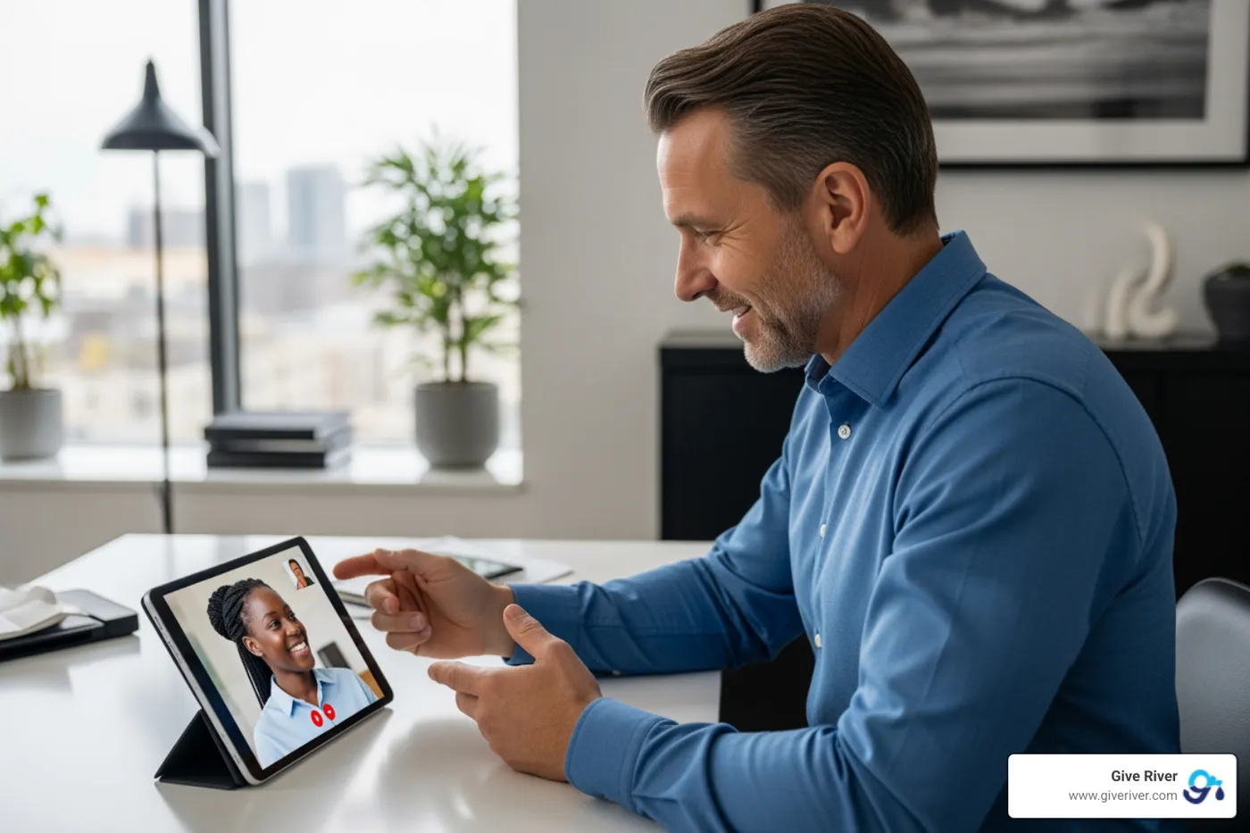 Manager providing real-time feedback to a remote employee via tablet - employee engagement strategies 2025