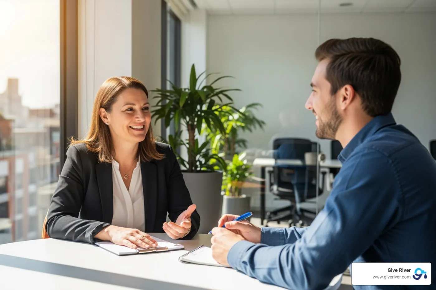 Manager and employee having a positive one-on-one meeting - peer-to-peer recognition software