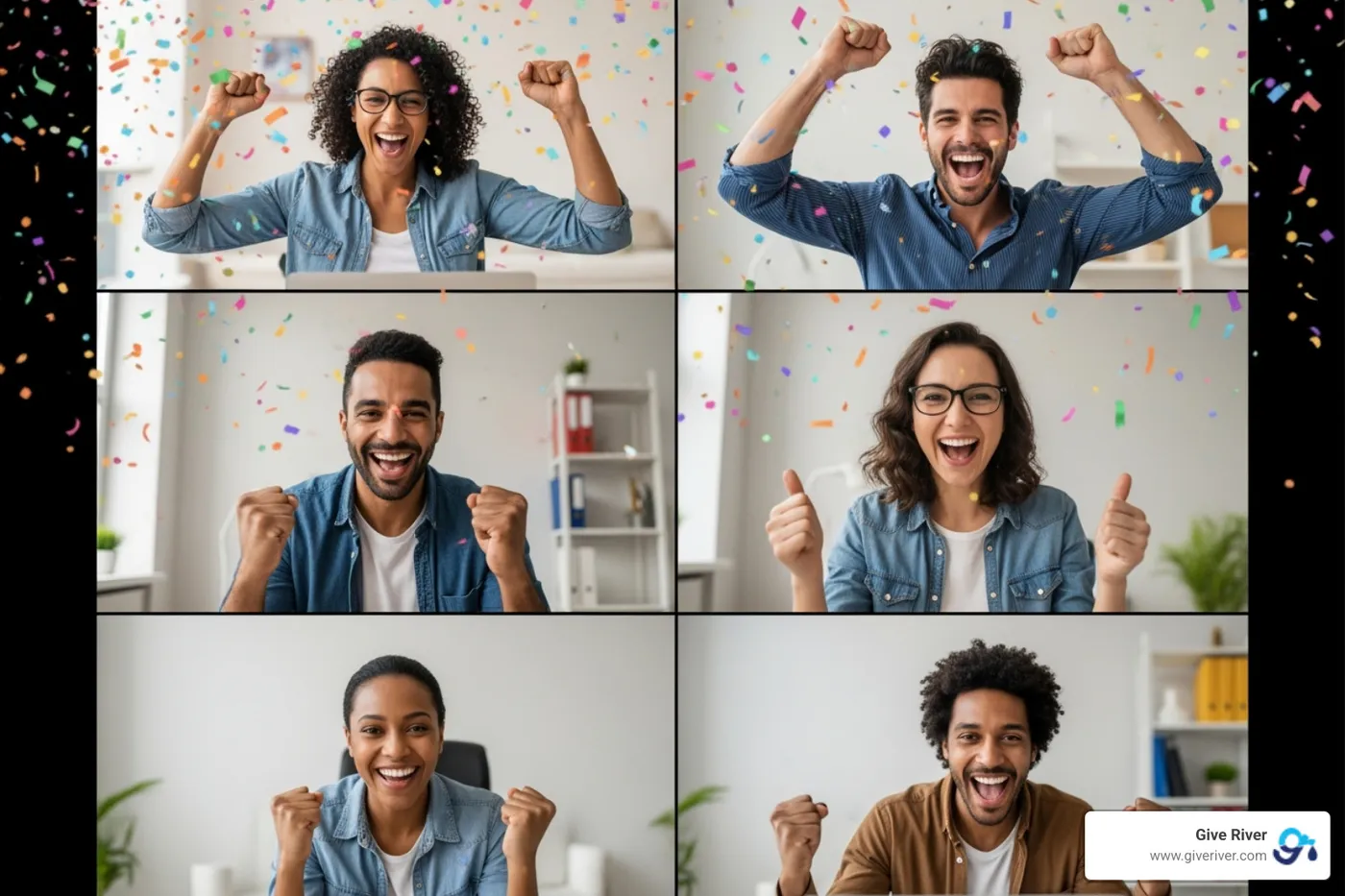 A team celebrating a win on a video call with virtual confetti and smiling faces - free group online games