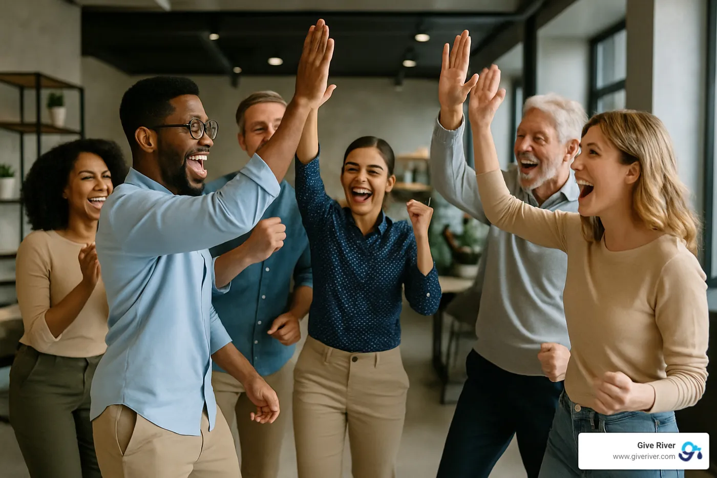 happy diverse team celebrating after successful team building games - fun games to play when hosting an event