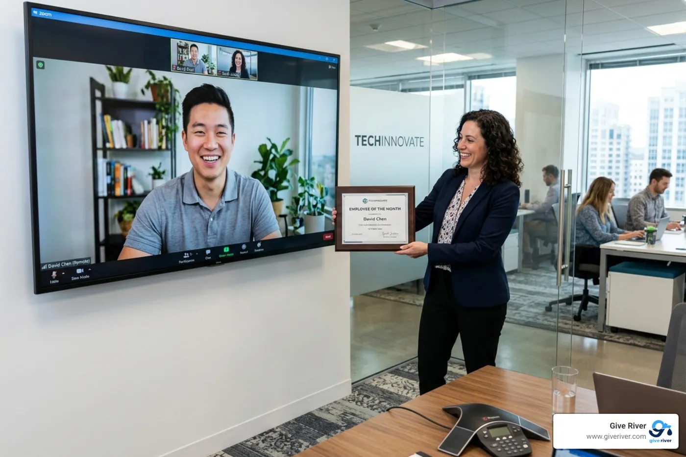 A manager presenting a framed certificate to a remote worker via video call - employee of the year award