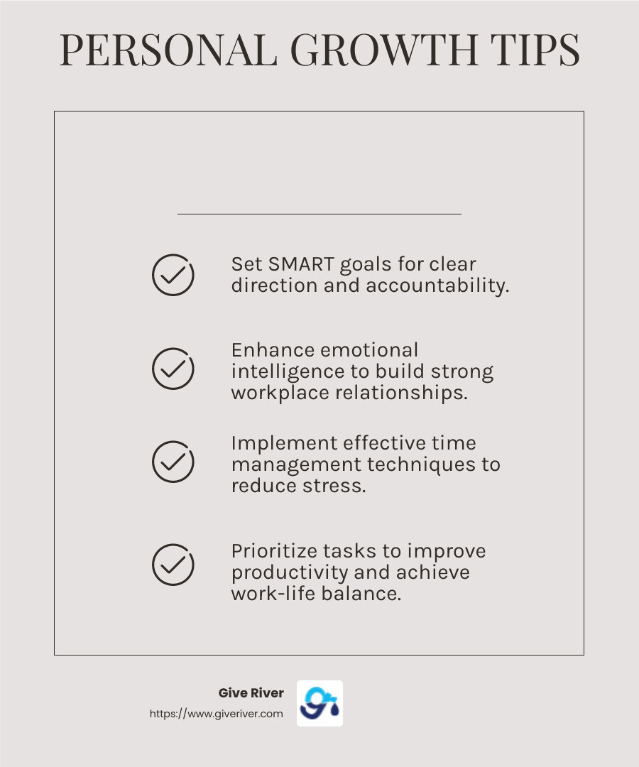 Research shows that improving time management skills can boost productivity and reduce stress. - personal growth in workplace infographic checklist-light-beige