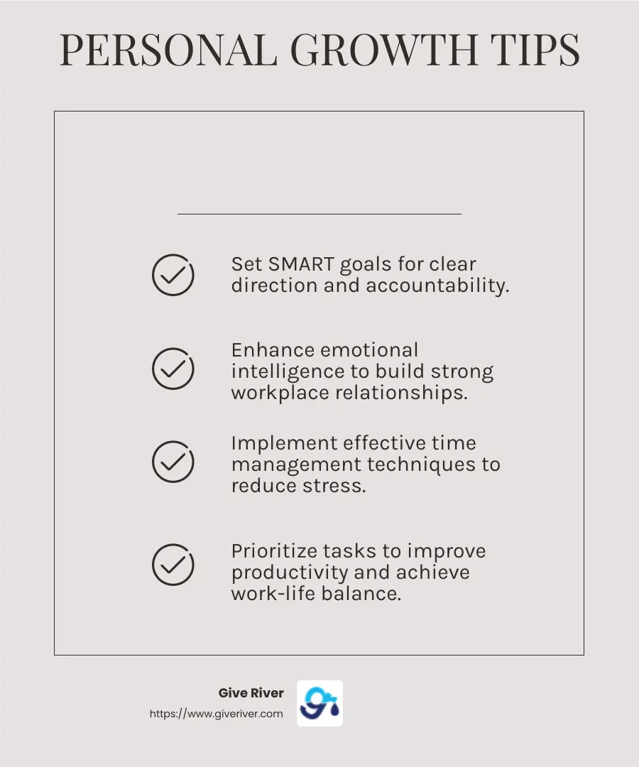 Research shows that improving time management skills can boost productivity and reduce stress. - personal growth in workplace infographic checklist-light-beige