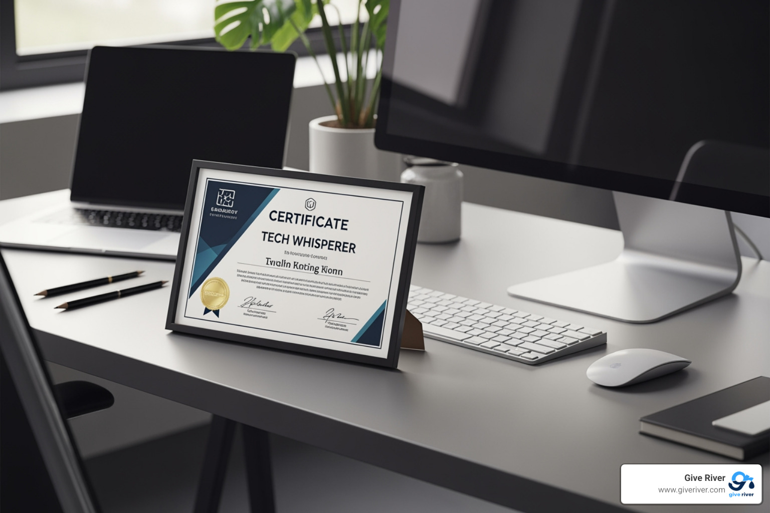 A Tech Whisperer certificate sitting on a modern office desk