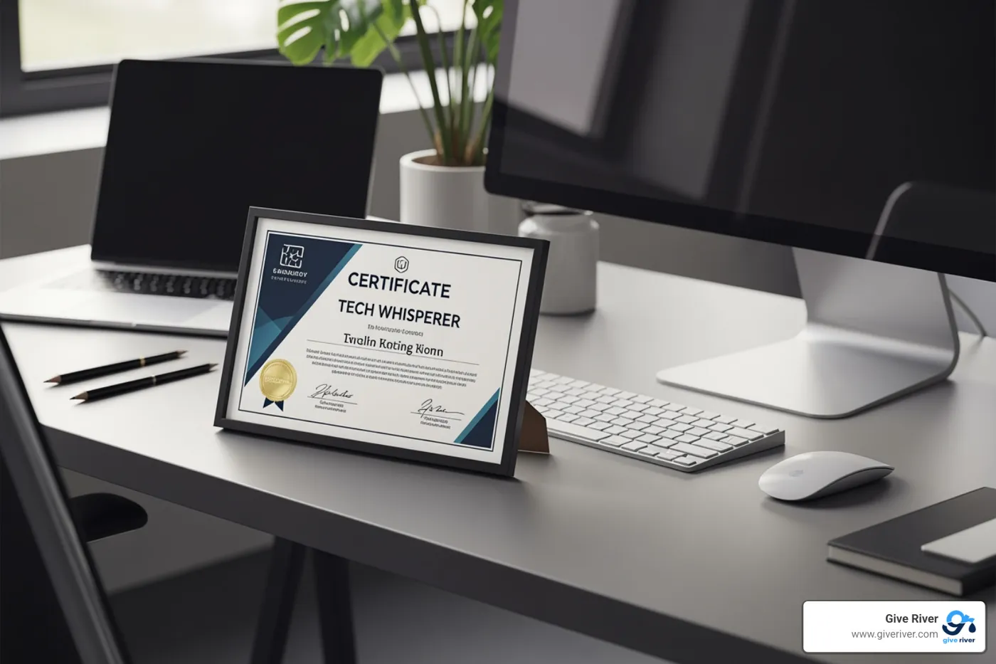 A Tech Whisperer certificate sitting on a modern office desk