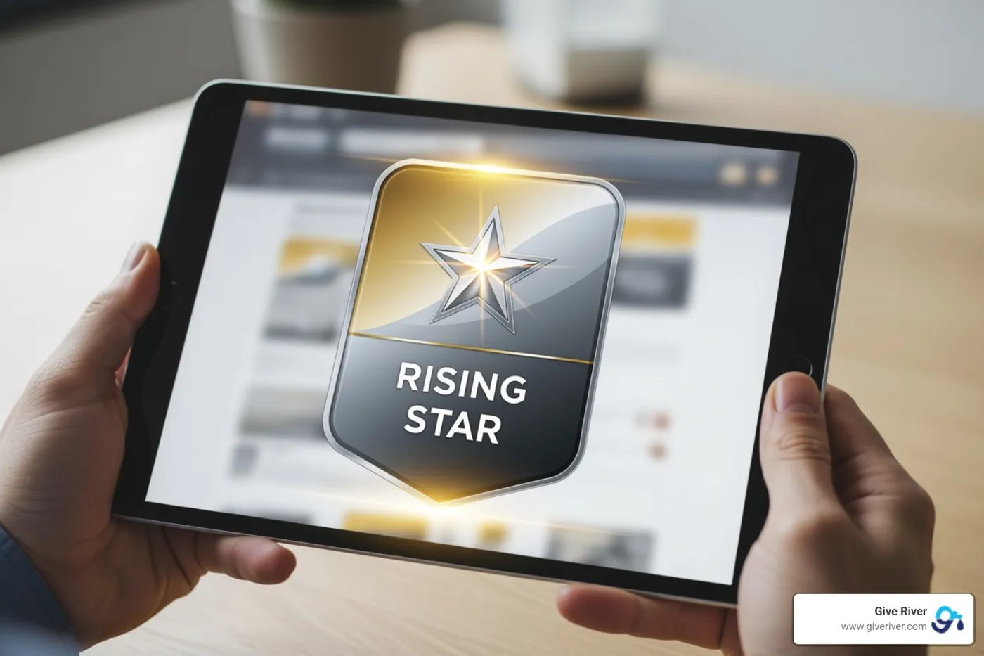 digital rising star badge on screen - workplace recognition awards