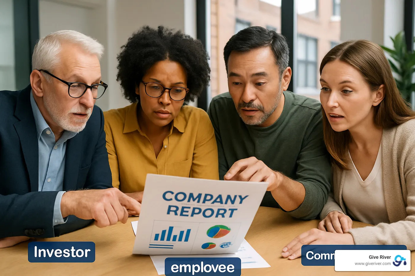 Diverse stakeholders including investors, employees, customers, and community members reviewing a company's report - what is corporate social responsibility reporting