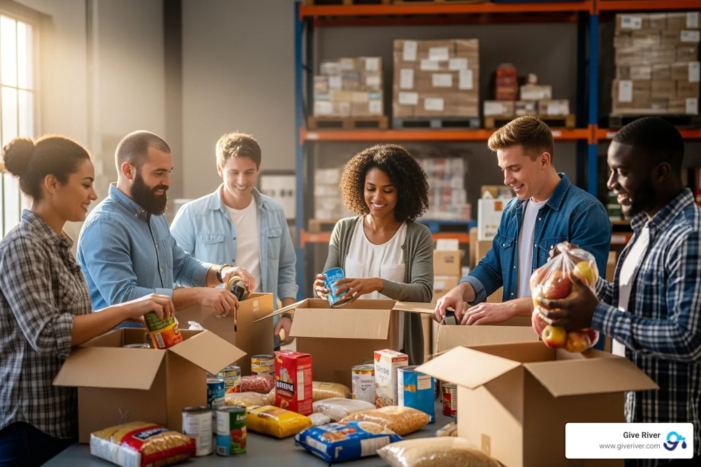Image of employees packing donation boxes at a food bank - csr activity example