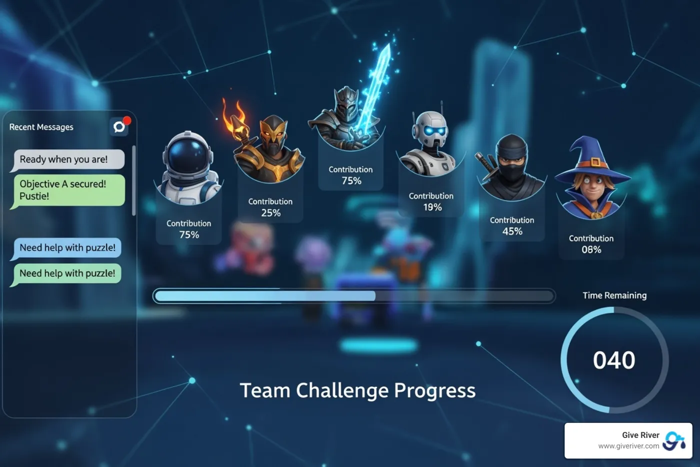 A Give River game interface showing teams collaborating on a challenge, with chat bubbles and progress bars - free group online games