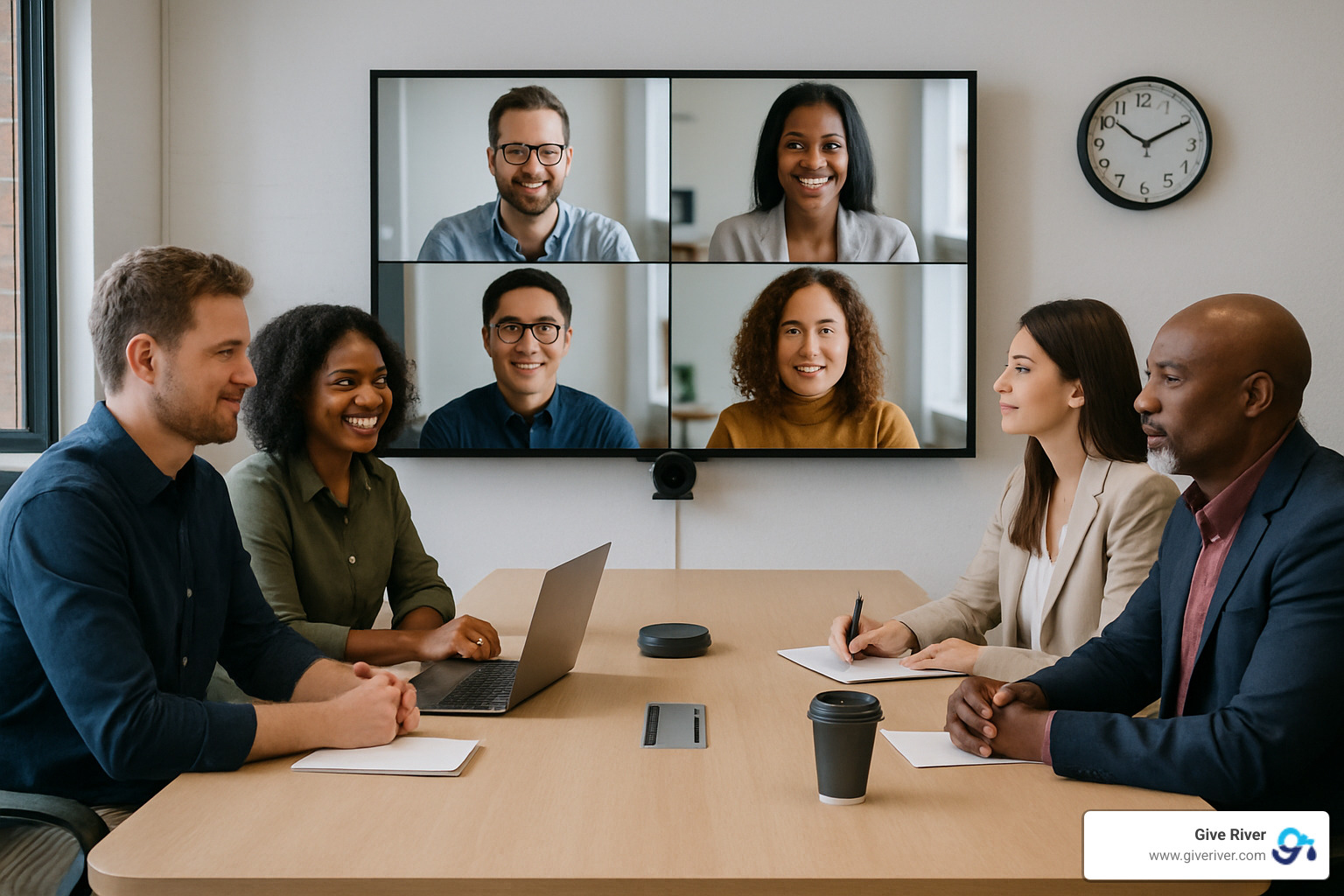hybrid team meeting with both in-person and remote participants - employee engagement insights