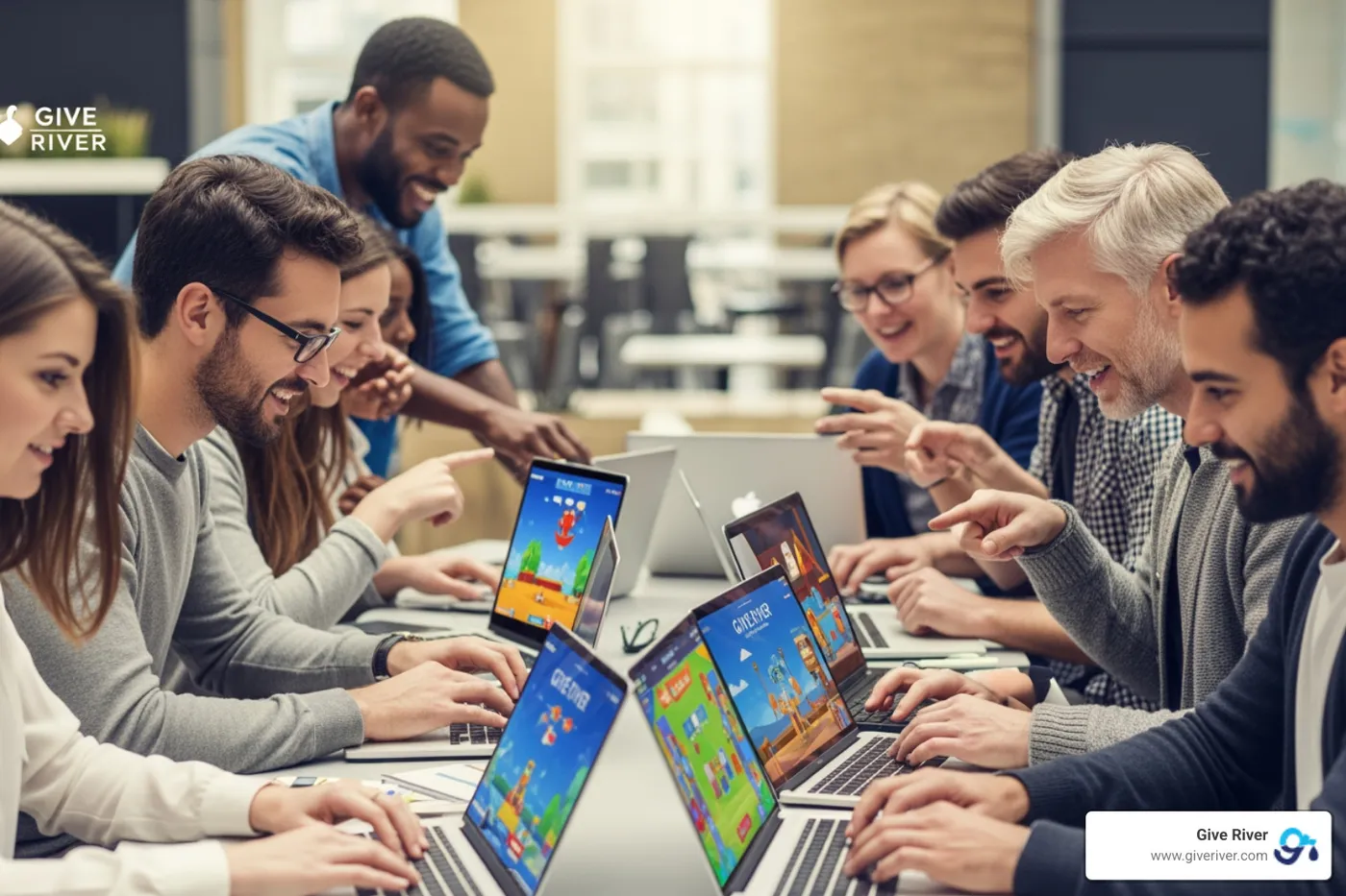 colleagues collaborating on a virtual team building game using Give River's platform - online game to play with coworkers