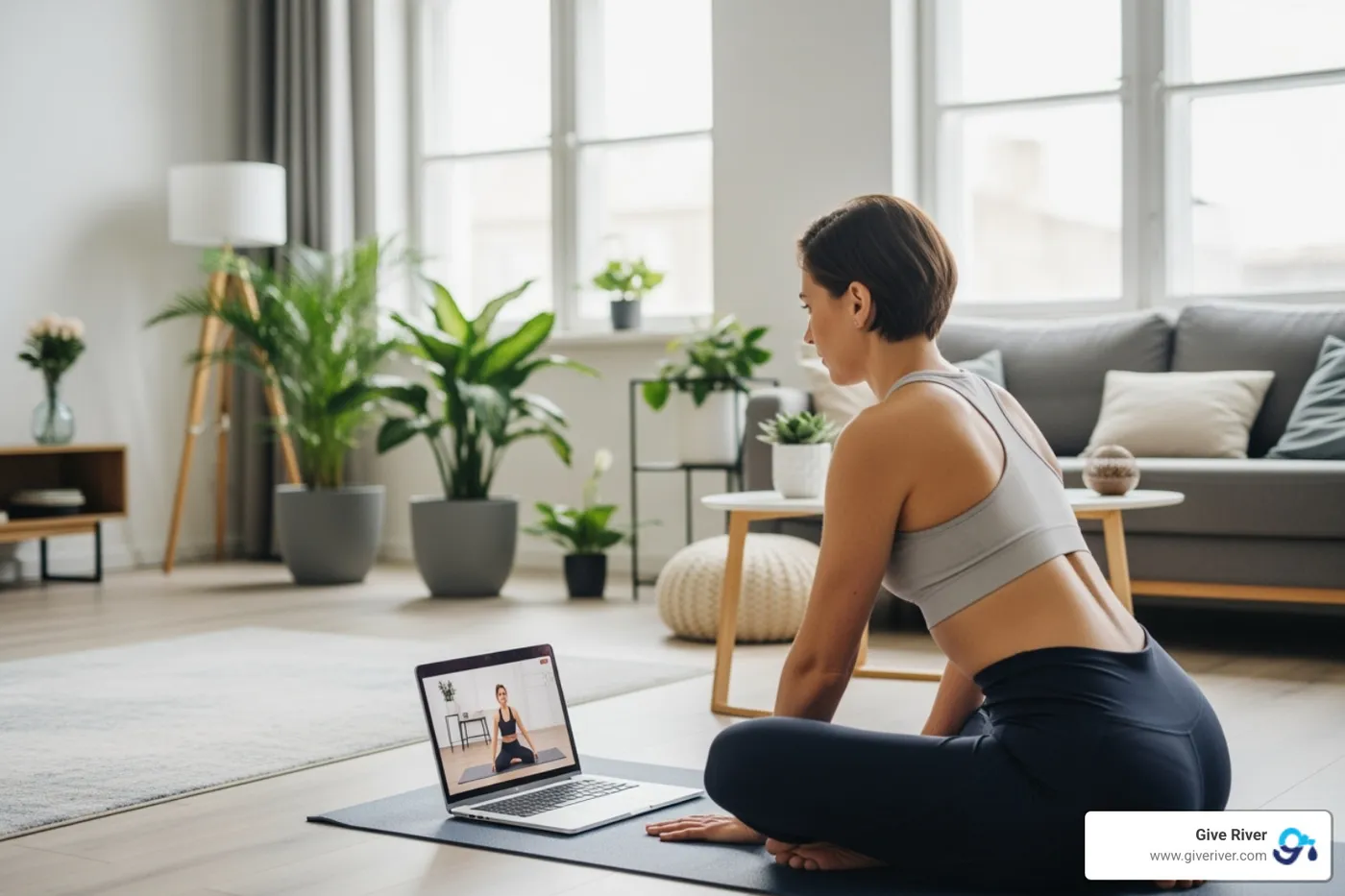 employee participating in a virtual wellness activity on their laptop at home - workplace culture improvement ideas