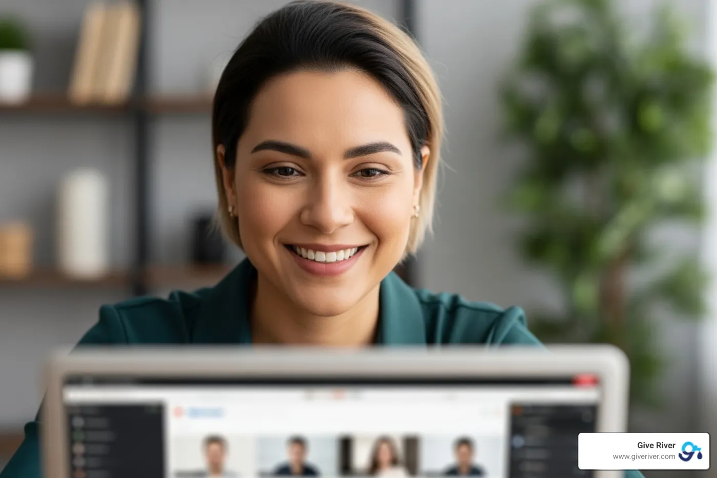 person smiling while hosting a virtual event on their laptop - free online quiz for team building