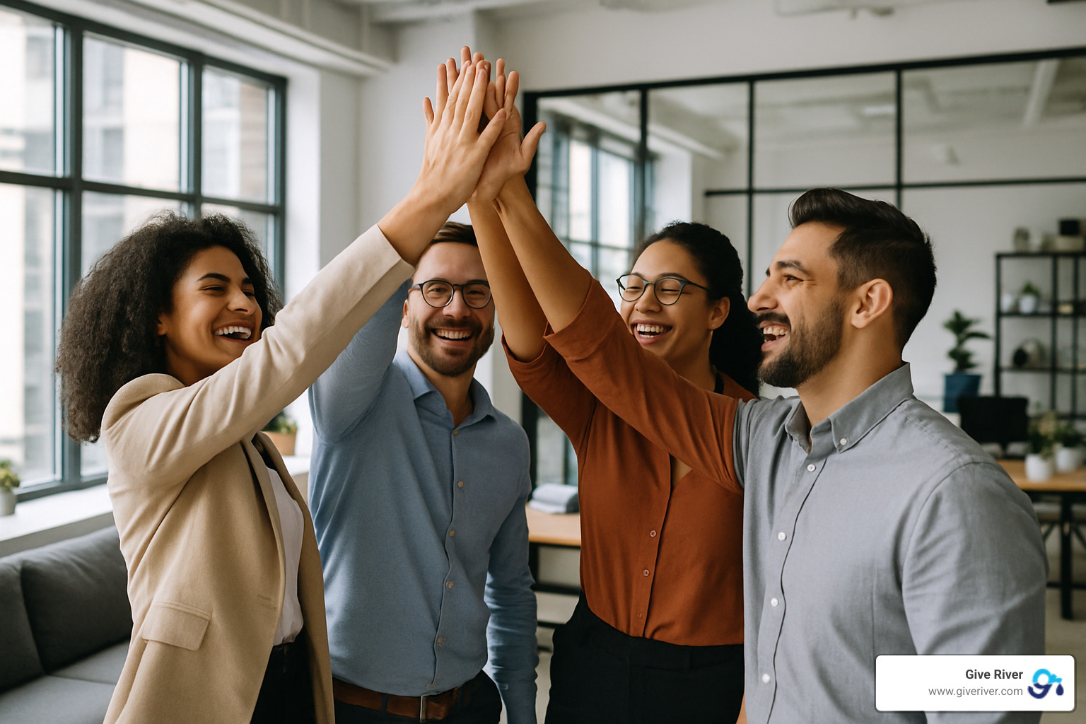team members celebrating peer recognition with high-fives in modern office space - employee reward program