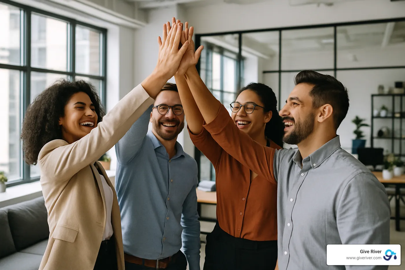 team members celebrating peer recognition with high-fives in modern office space - employee reward program