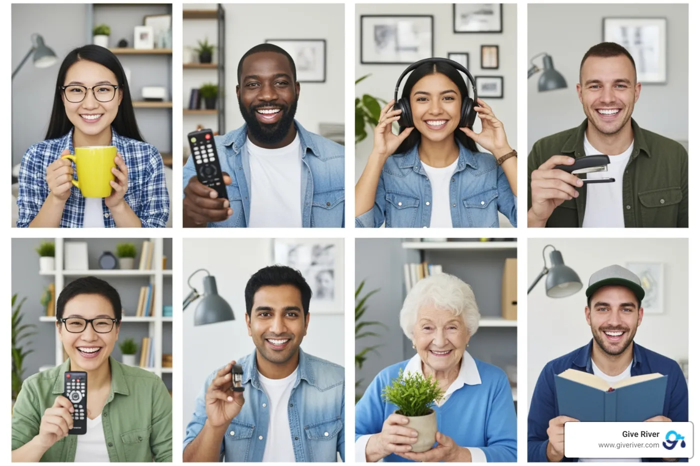 team on a video call, smiling and holding up items for a virtual scavenger hunt - team building games