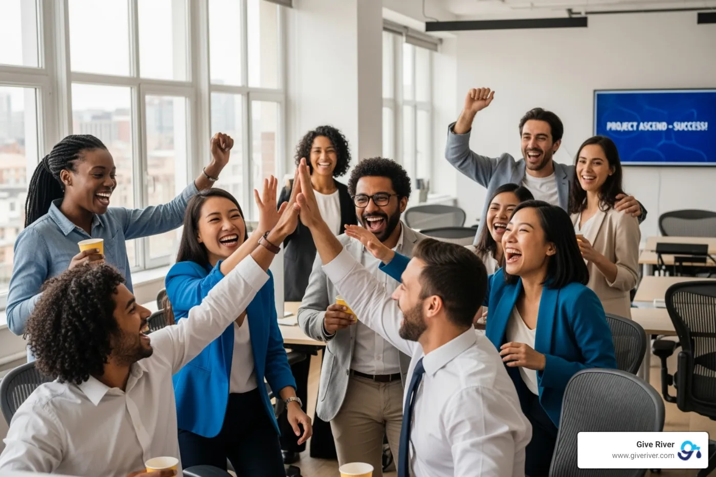 A diverse group of employees celebrating a successful project, demonstrating high morale and teamwork - staff motivation techniques