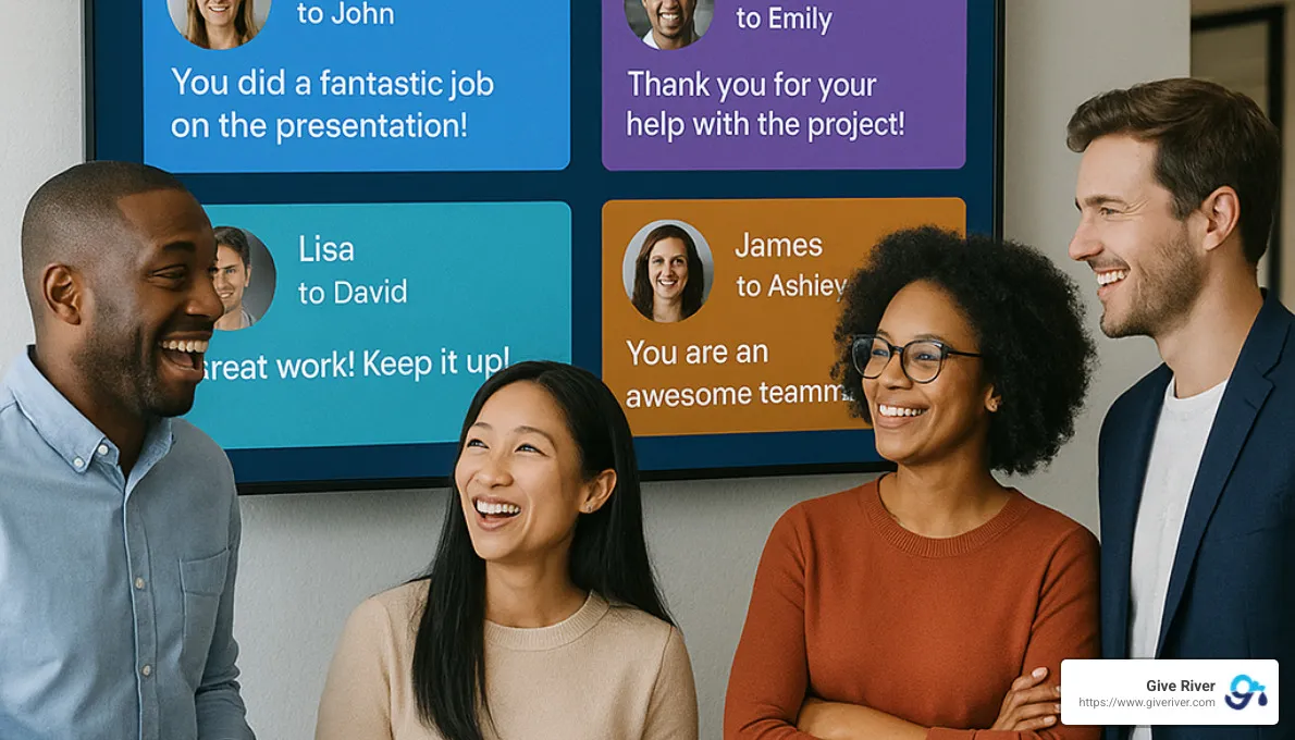social recognition wall showing employees giving kudos - best employee recognition programs