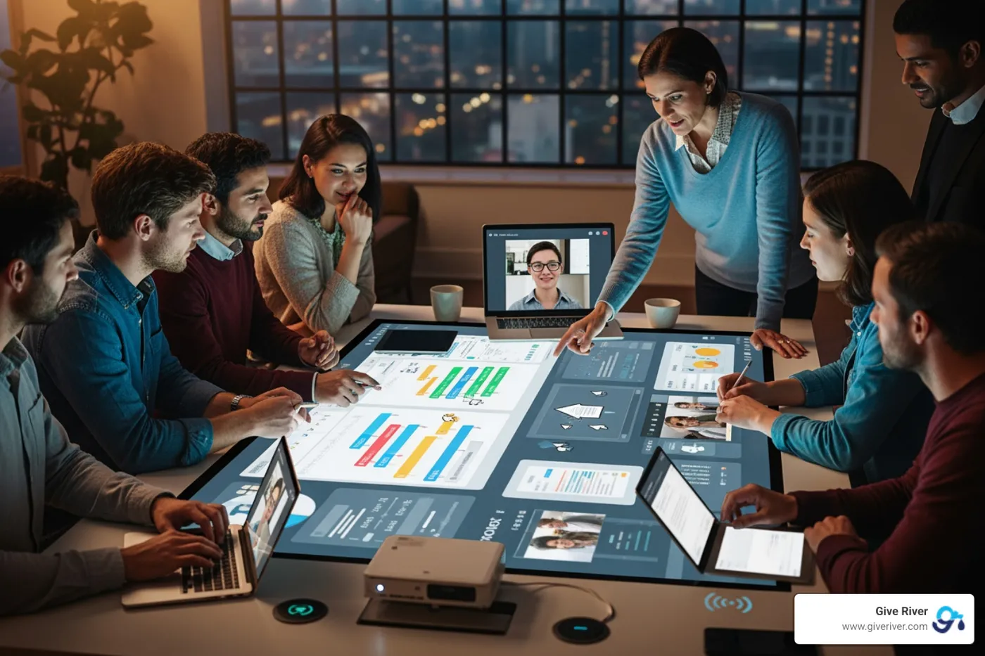 Give River's interactive dashboard showing team progress and recognition - team collaboration tools