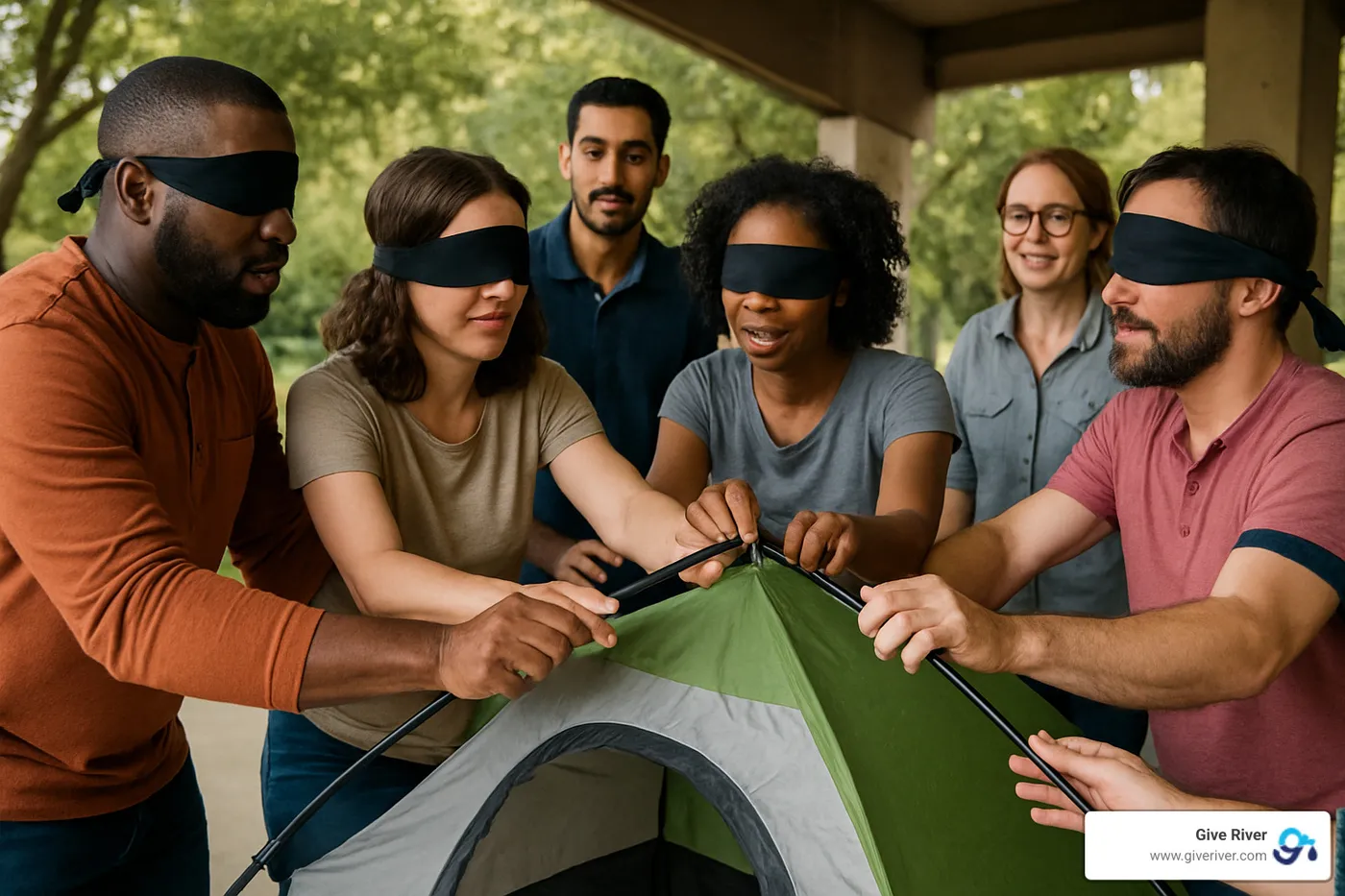 blindfold tent build activity showing participants working together - activities that build teamwork