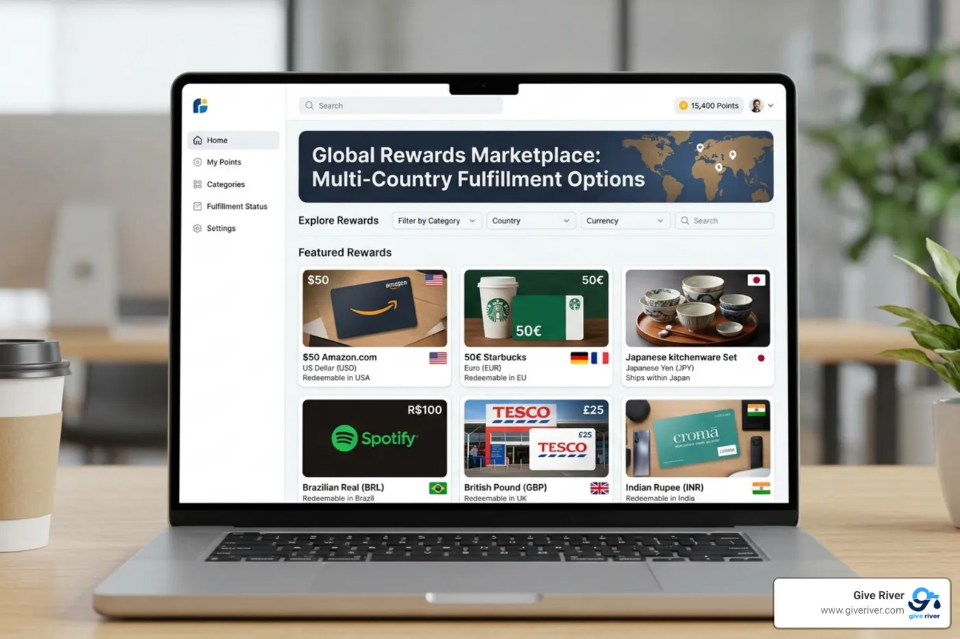 Digital rewards marketplace interface showing multi-country fulfillment options - international employee recognition software