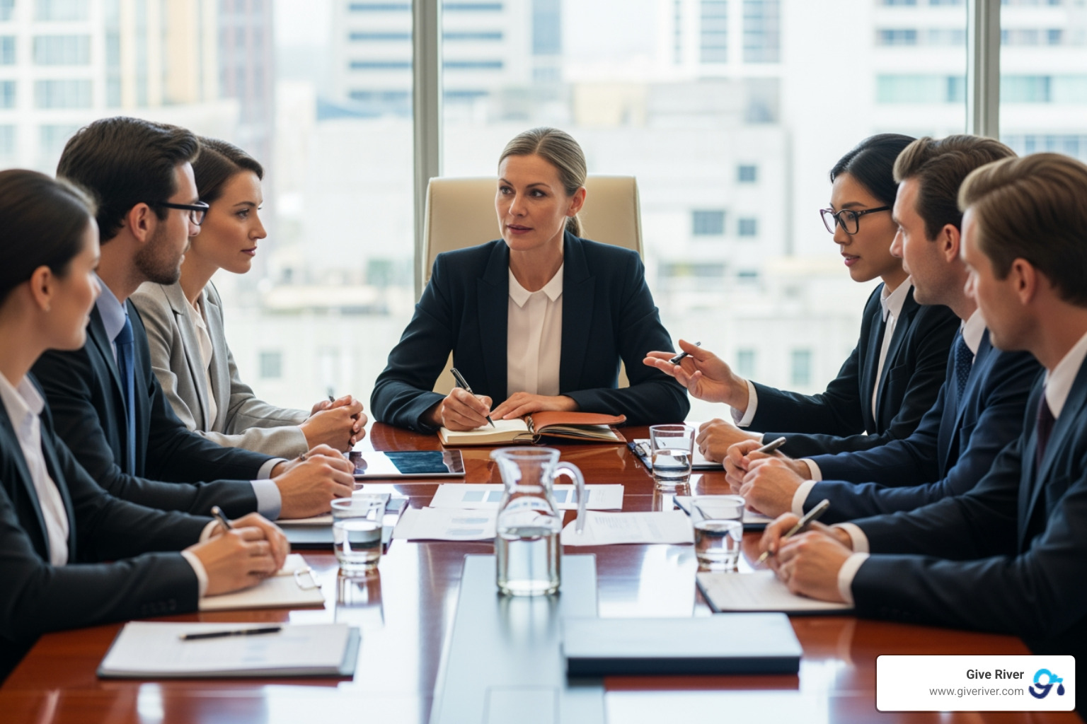 A diverse group of employees collaborating around a table, with one leader actively listening and taking notes, symbolizing executive ownership and clear communication. - boosting employee engagement