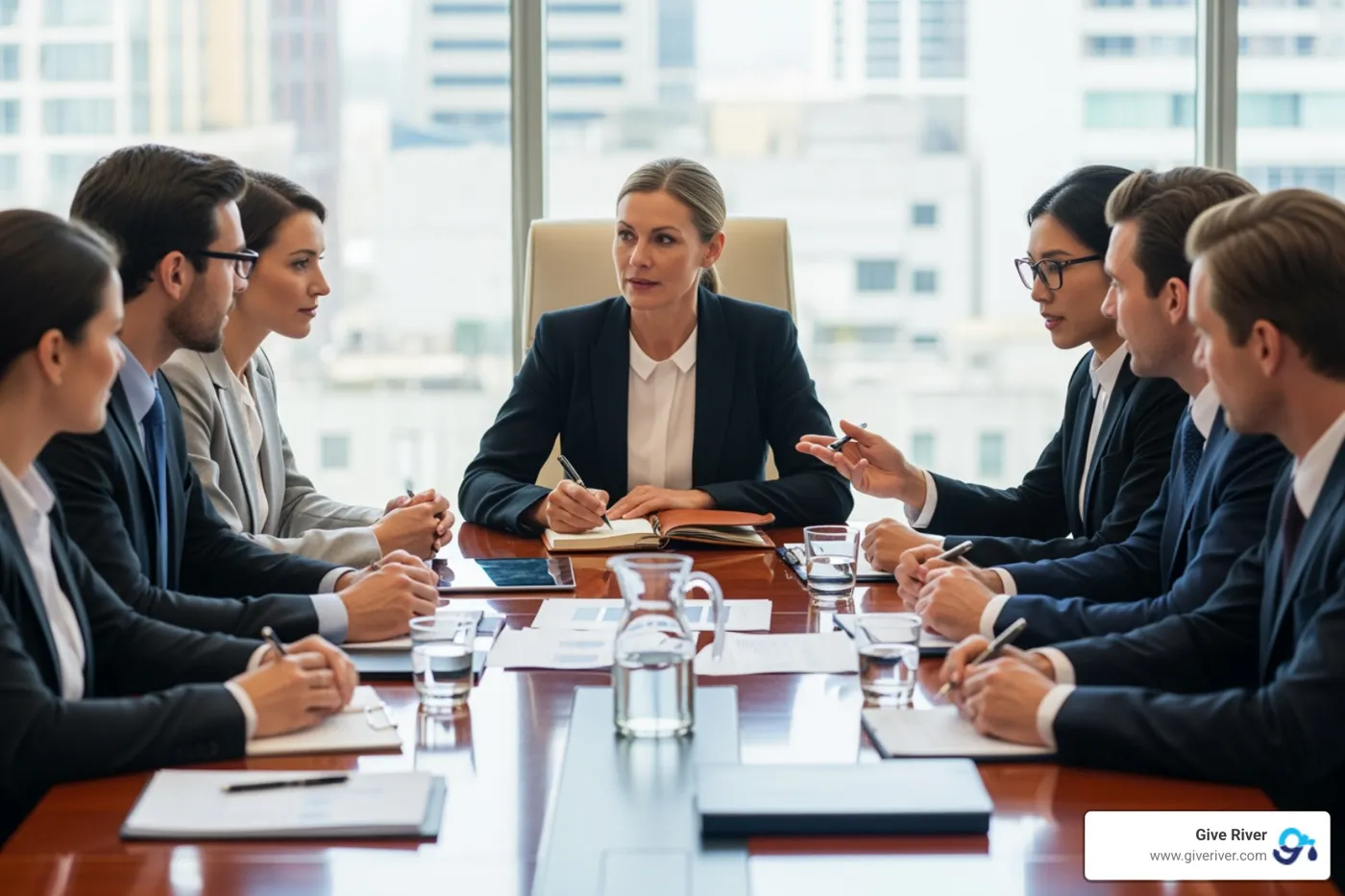 A diverse group of employees collaborating around a table, with one leader actively listening and taking notes, symbolizing executive ownership and clear communication. - boosting employee engagement