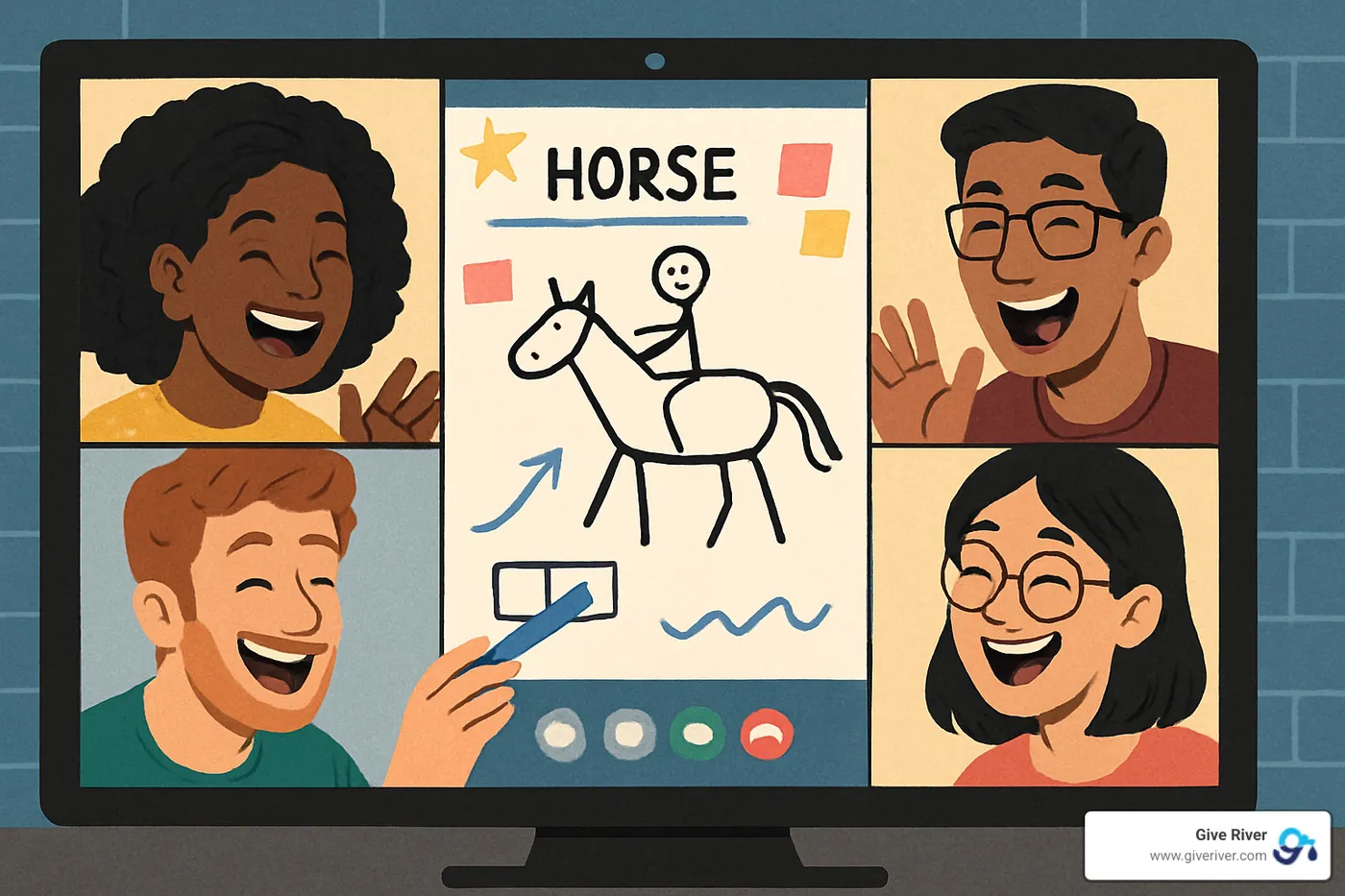 Team collaborating on a virtual whiteboard during an online game session - free online office games