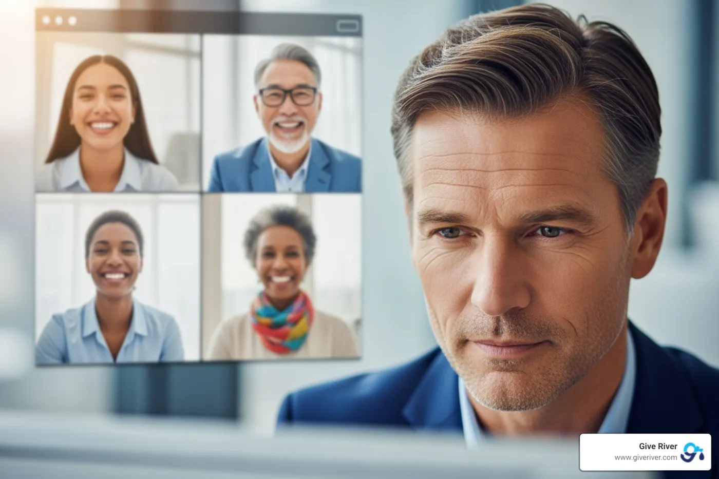 Single leader looking confidently at their screen, with a background collage of their happy team members in small video windows - leadership zoom activities