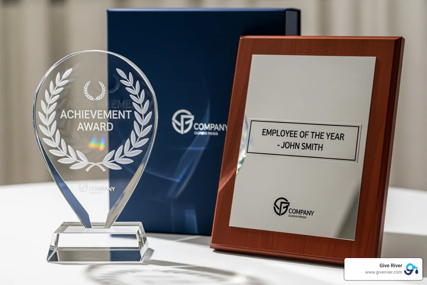 Image of various award types like a crystal trophy, a plaque, and a branded gift box - service award