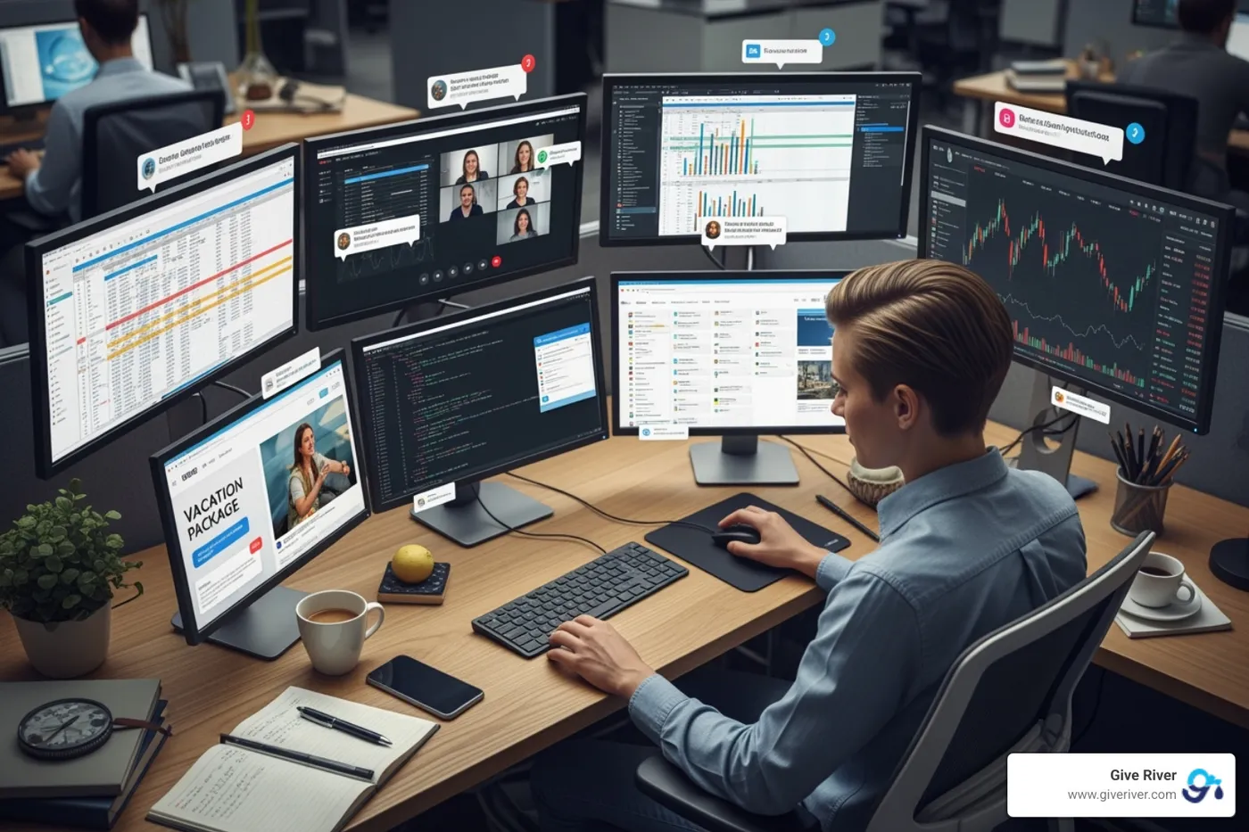 An employee managing multiple screens and notifications - digital collaboration in the workplace