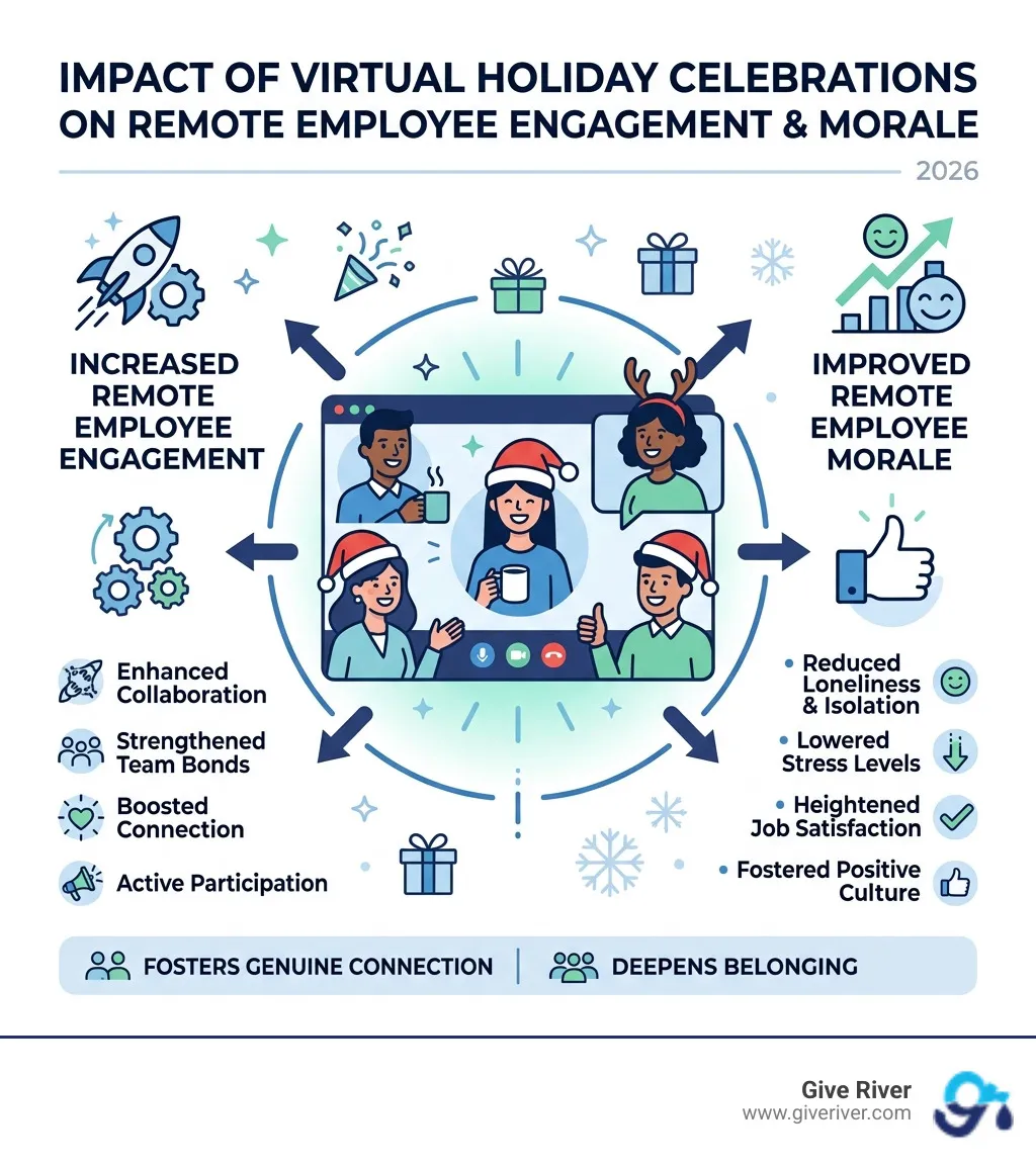 Infographic showing the impact of virtual holiday celebrations on remote employee engagement and morale - free holiday team