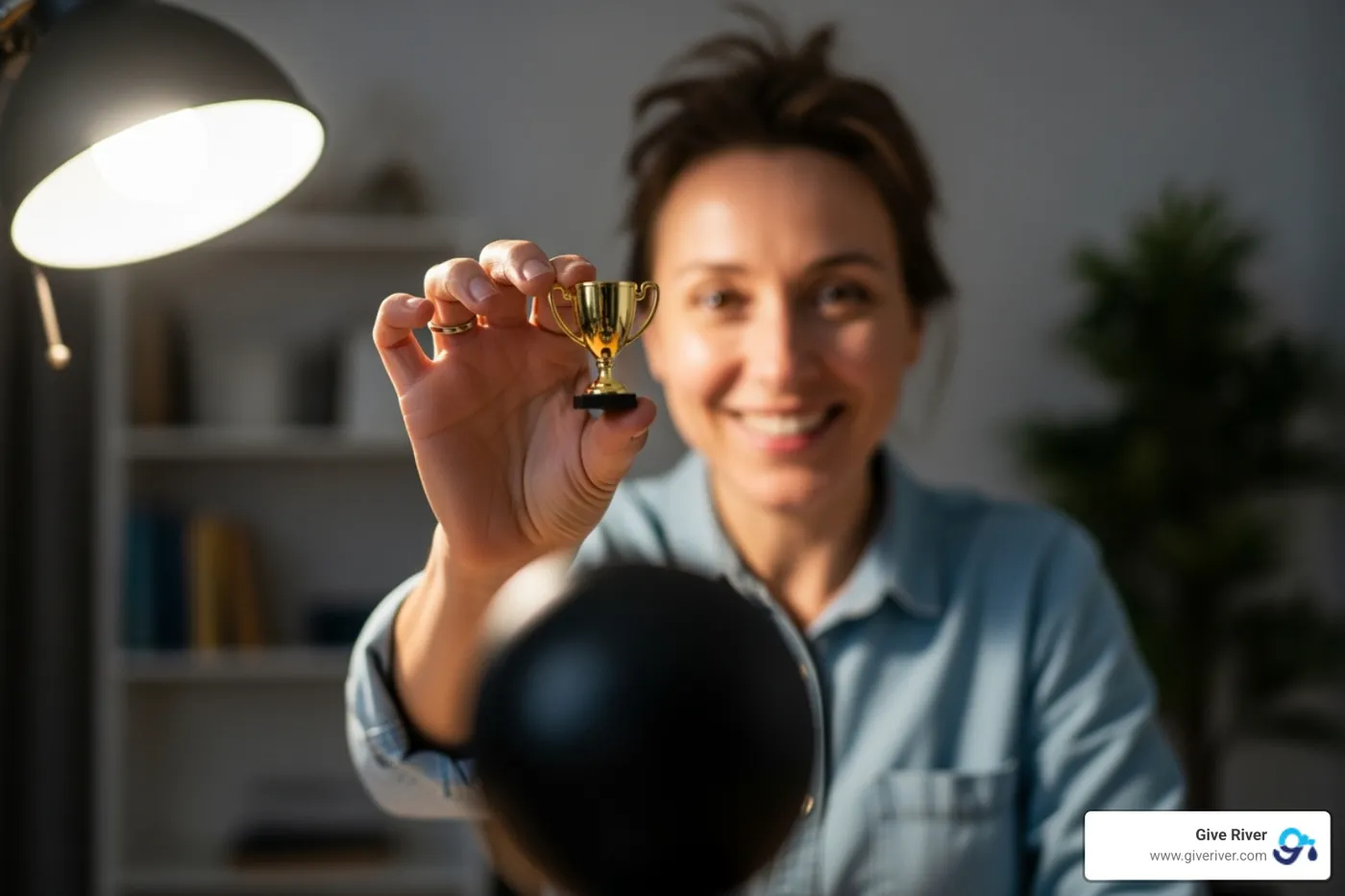 a team member holding a small prize up to their webcam with a smile - virtual team quiz