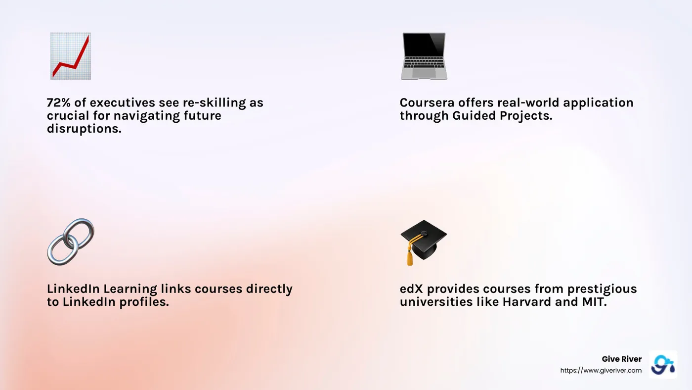 A recent survey revealed that 72% of executives see re-skilling as crucial for navigating future disruptions. - career development courses online infographic 4_facts_emoji_light-gradient