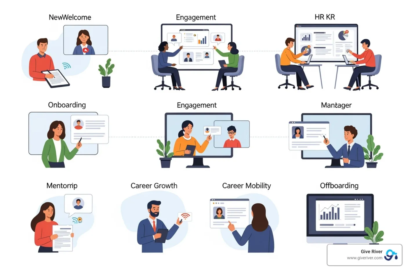 Image illustrating the key touchpoints of a tech-improved employee journey from onboarding to offboarding - HR technology trends