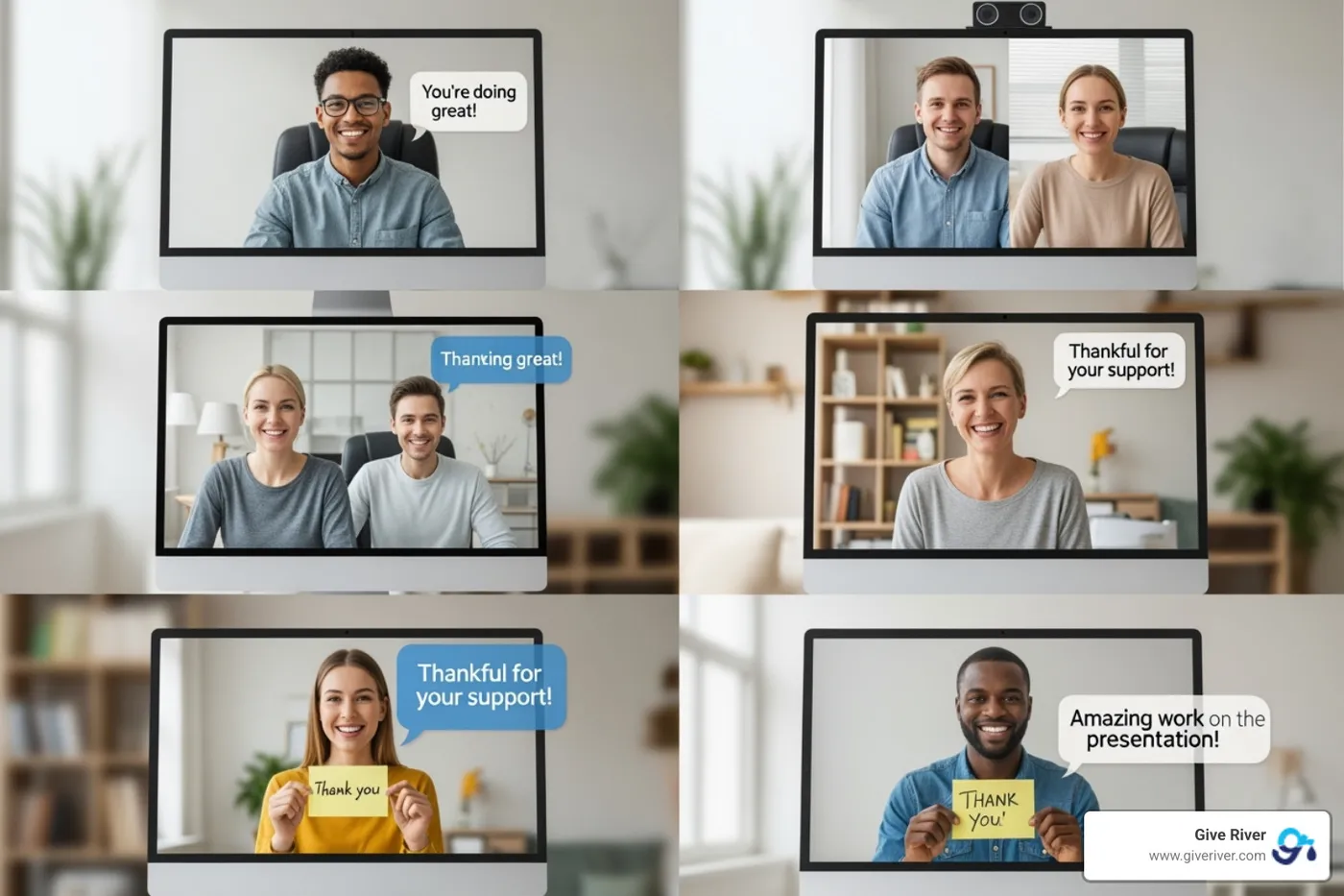 A virtual gratitude challenge being completed by a team on screen, showing positive affirmations and messages shared among team members in a digital format. - online group games