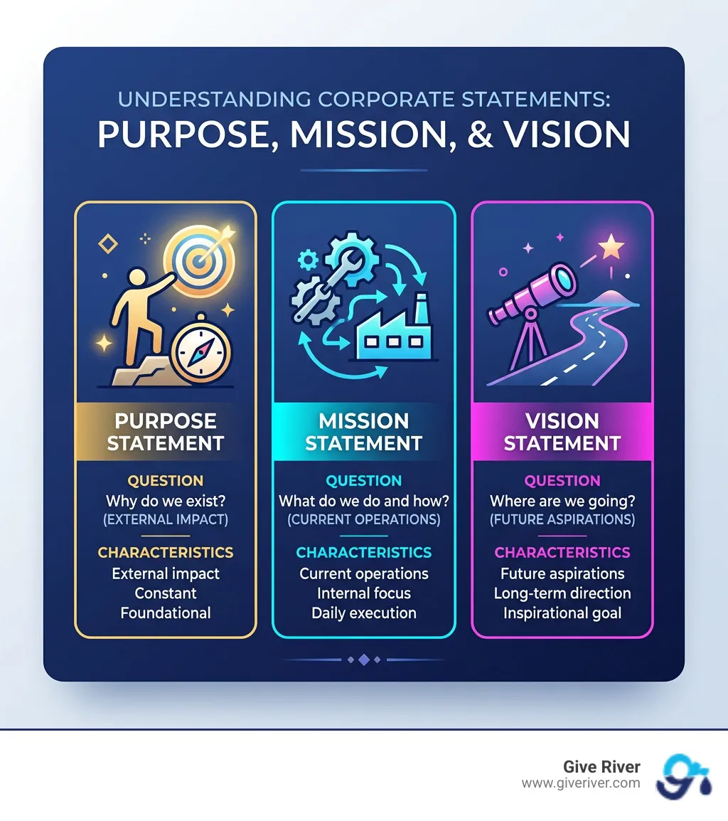 Infographic showing the difference between purpose, mission, and vision statements with key characteristics - Corporate
