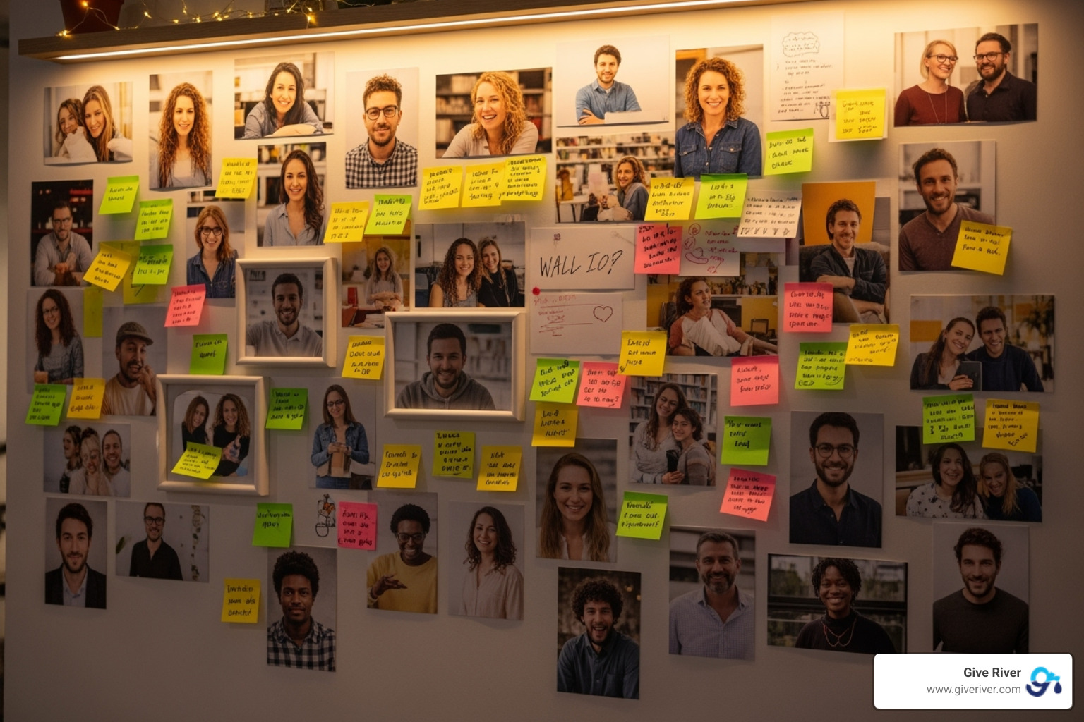 a "Wall of Fame" with employee photos and handwritten notes of praise - staff appreciation ideas