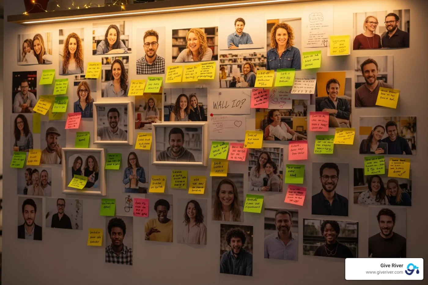 a "Wall of Fame" with employee photos and handwritten notes of praise - staff appreciation ideas